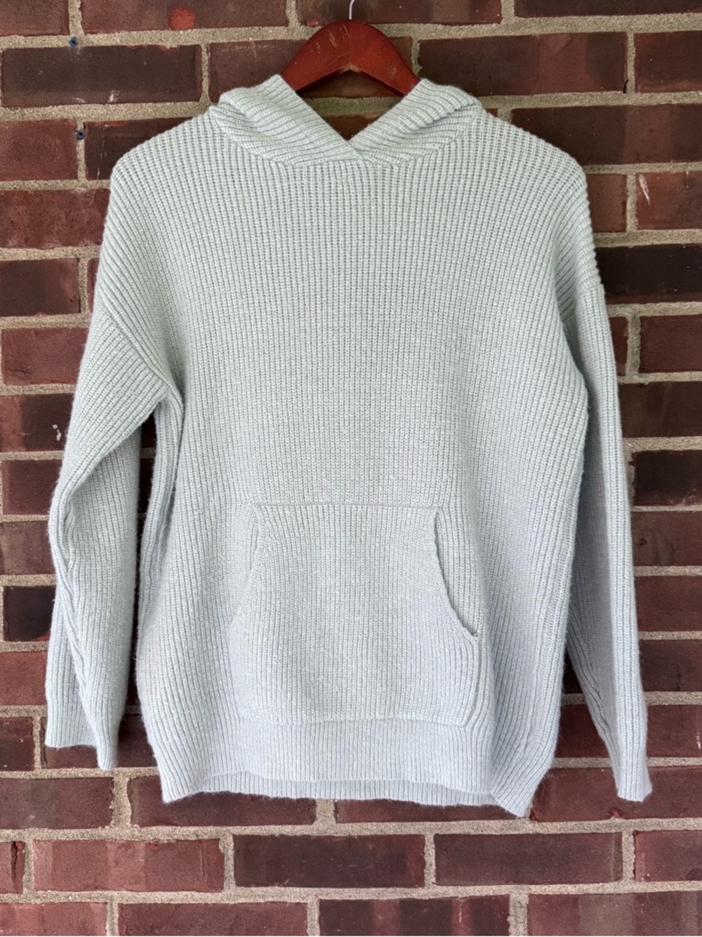 Gray Knit Hooded Sweater Pullover Kangaroo Pocket Long Sleeve Asian M US Small